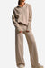 Woman wearing plush and preppy camel two-piece set with polo collar pullover and wide-leg pants