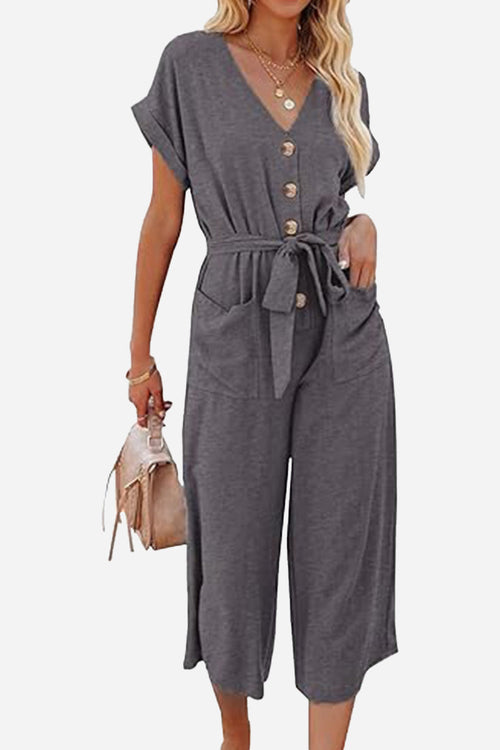 V-neck Lace-up Pocket Jumpsuit With Tie