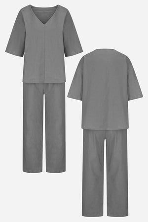 V-neck Cotton Two-Piece Trouser Set