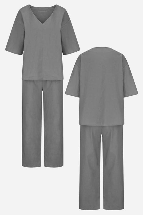 V-neck Cotton Two-Piece Trouser Set