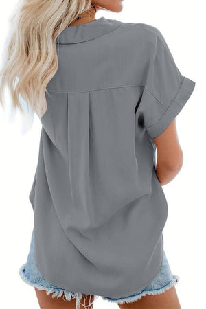 V-Neck Collared Button Blouse