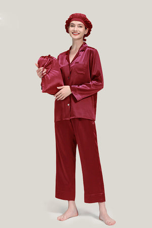 Classic Mulberry Silk Pajama Set with Sleep Cap