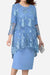 Blue elegant two-piece evening dress with lace embroidered floral details and high-low hem
