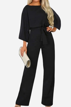 Casual Long Sleeve Belted Jumpsuit