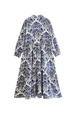 Blue Floral Lantern Sleeves Midi Dress